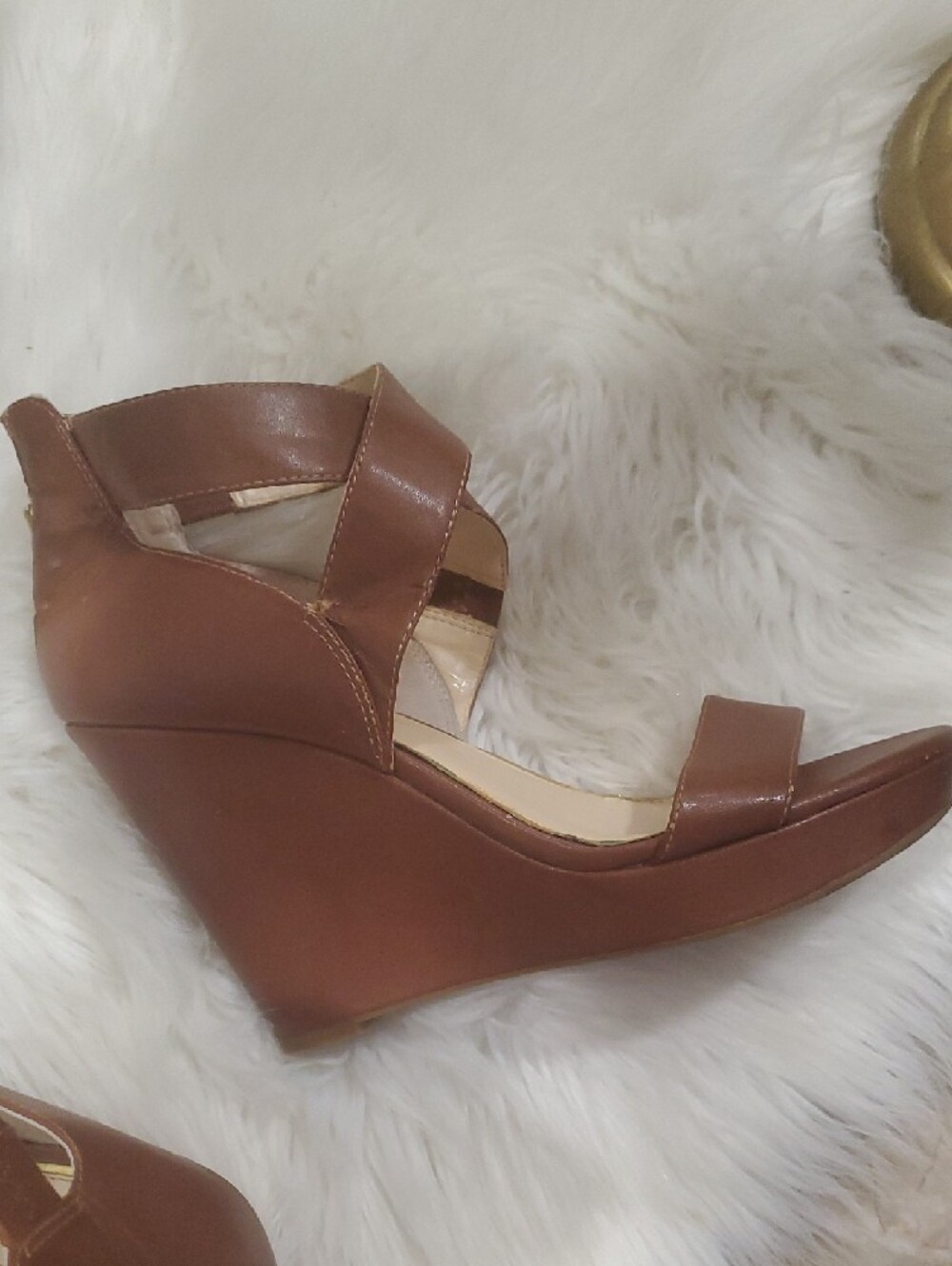 Jessica Simpson Brown Leather Crisscross Strap Wedge Heels Size 9 - Picture 6 of 15